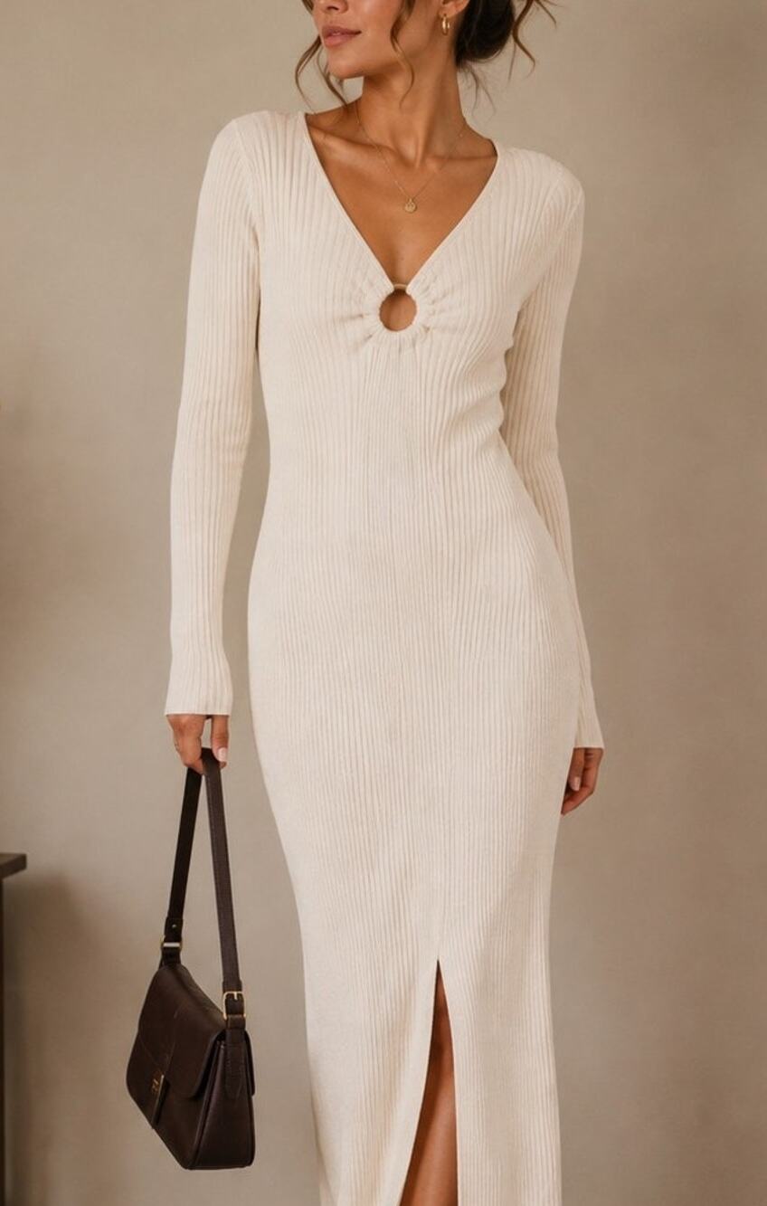 Abercrombie & Fitch O-Ring Cutout Midi Dress Womens XS White Quiet Luxury Fall
